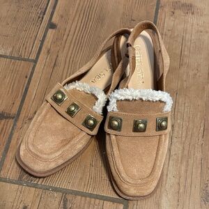 Chelsea & Violet Tan Loafers with Fur Accent